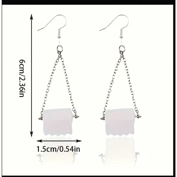Silver and White Toilet Paper Roll Chain Dangle Earrings - Picture 2 of 7